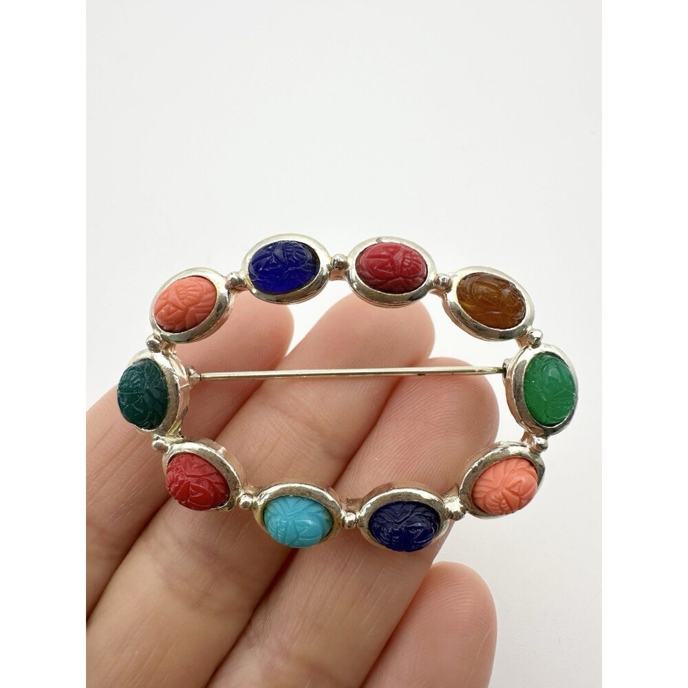 Vintage Multicolored faux stone Scarab Gold Tone Oval Brooch Pin